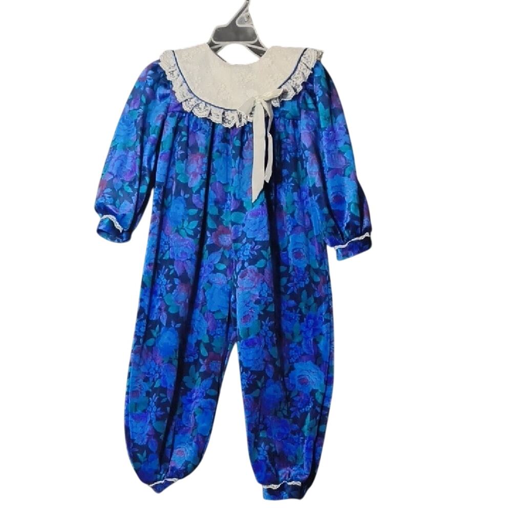Fancy Pants Vintage Floral Blue Romper with Lace Collar 3T